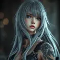 Alluring matte portrait of a beautiful ashen haired 2B from Nier Automata, Highly Detailed, Full Body, Bokeh effect, Photo Realistic, Sharp Focus