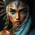 Matte portrait of the beautiful Nidalee with feathers, Highly Detailed, Intricate, Realistic, Sharp Focus, Volumetric Lighting, Fantasy, Elegant