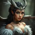 Alluring matte portrait of a beautiful Nidalee wearing feathers, 8k, Highly Detailed, Intricate, Half Body, Realistic, Sharp Focus, Volumetric Lighting, Fantasy, Elegant