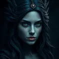 Matte portrait of the beautiful Artemis in dark blue, Highly Detailed, Intricate, Realistic, Sharp Focus, Volumetric Lighting, Fantasy, Elegant