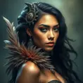 Alluring matte portrait of a beautiful Nidalee wearing feathers, 8k, Highly Detailed, Intricate, Half Body, Realistic, Sharp Focus, Volumetric Lighting, Fantasy, Elegant by Stanley Artgerm Lau, Alphonse Mucha, WLOP