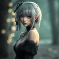 Alluring matte portrait of a beautiful ashen haired 2B from Nier Automata in a black dress, Highly Detailed, Full Body, Bokeh effect, Photo Realistic, Sharp Focus by WLOP