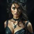 Alluring matte portrait of the beautiful goddess Selene in black leather, Highly Detailed, Intricate, Realistic, Sharp Focus, Volumetric Lighting, Fantasy, Elegant