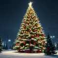 A large green christamas tree in snow lit full of christmas decorations, 8k, Highly Detailed, Digital Painting, Photo Realistic, Sharp Focus, Octane Render, Unreal Engine, Volumetric Lighting