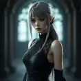 Alluring matte portrait of a beautiful ashen haired A2 from Nier Automata in a black dress, Highly Detailed, Full Body, Bokeh effect, Photo Realistic, Sharp Focus by Stefan Kostic