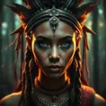 Matte portrait of a beautiful tribal queen in a magical forest, 4k, Highly Detailed, Masterpiece, Pretty Face, Digital Illustration, Cinematic Lighting, Realistic, Sharp Focus, Centered, Beautifully Lit, Bioluminescent by Stanley Artgerm Lau