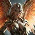 Alluring portrait of a beautiful winged Kayle from League of Legends, 8k, Highly Detailed, Half Body, Photo Realistic, Sharp Focus, Octane Render, Unreal Engine, Volumetric Lighting, Fantasy by Stanley Artgerm Lau, Alphonse Mucha, WLOP