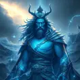 A celestial Blue-skinned God of the Seas, Storms, and Exploring emanating power of the seas, wearing half-leather, shrouded in storms in the style of digital art, 8k, Fantasy