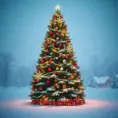 A large green christamas tree in snow lit full of christmas decorations, 8k, Highly Detailed, Digital Painting, Photo Realistic, Sharp Focus, Octane Render, Unreal Engine, Volumetric Lighting