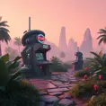 80s futuristic outdoor retro arcade, desolate, lush vegetation, Highly Detailed, Intricate, Artstation, Sharp Focus, Smooth, Octane Render, Centered, Dynamic, Elegant by Beeple, Justin Gerard, James Gilleard, Simon Stalenhag