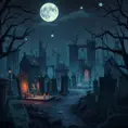 Hyper Detailed illustration of an eerie dystopian graveyard at night, 8k, Gothic and Fantasy, Horror, Epic, Sharp Focus, Deviantart by Alena Aenami, Studio Ghibli