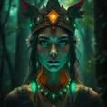 A beautiful tribal queen in a magical forest, Highly Detailed, Masterpiece, Pretty Face, Digital Illustration, Cinematic Lighting, Realistic, Sharp Focus, Centered, Beautifully Lit, Bioluminescent