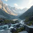 Lake in mountains streams and rivers flow down slopes of mountains and rocks into the valley spring in mountains, 8k, Award-Winning, Highly Detailed, Beautiful, Octane Render, Unreal Engine, Radiant, Volumetric Lighting by Greg Rutkowski