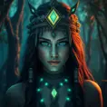 A beautiful tribal queen in a magical forest, Highly Detailed, Masterpiece, Pretty Face, Digital Illustration, Cinematic Lighting, Realistic, Sharp Focus, Centered, Beautifully Lit, Bioluminescent