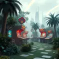 80s futuristic outdoor retro arcade, desolate, lush vegetation, Highly Detailed, Intricate, Artstation, Sharp Focus, Smooth, Octane Render, Centered, Dynamic, Elegant by Beeple, Justin Gerard, James Gilleard, Simon Stalenhag