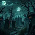 Hyper Detailed illustration of an eerie dystopian graveyard at night, Gothic and Fantasy, Horror, Epic, Sharp Focus, Deviantart