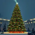 A large green christamas tree in snow lit full of christmas decorations, 8k, Highly Detailed, Digital Painting, Photo Realistic, Sharp Focus, Octane Render, Unreal Engine, Volumetric Lighting