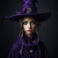 Matte portrait of a mysterious kiki the witch in purple, Intricate, Half Body, Sharp Focus, Volumetric Lighting, Elegant