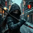 A mysterious beautiful armed kunoichi ninja wearing eyeliner in the streets of a dark snowy town in tokyo, fluid motion, Intricate, Half Body, Realistic, Sharp Focus, Volumetric Lighting, Elegant