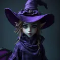 Matte portrait of a mysterious kiki the witch in purple, Intricate, Half Body, Realistic, Sharp Focus, Volumetric Lighting, Elegant