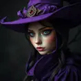 Matte portrait of a mysterious kiki the witch in purple, Intricate, Half Body, Realistic, Sharp Focus, Volumetric Lighting, Elegant