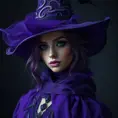 Matte portrait of a mysterious kiki the witch in purple, Intricate, Half Body, Sharp Focus, Volumetric Lighting, Elegant