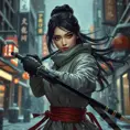 A mysterious beautiful armed kunoichi ninja wearing eyeliner in the streets of a dark snowy town in tokyo, fluid motion, Intricate, Half Body, Realistic, Sharp Focus, Volumetric Lighting, Elegant