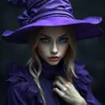 Matte portrait of a mysterious kiki the witch in purple, Intricate, Half Body, Realistic, Sharp Focus, Volumetric Lighting, Elegant by Stefan Kostic