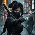 A mysterious beautiful armed kunoichi ninja wearing eyeliner in the streets of a dark snowy town in tokyo, fluid motion, Intricate, Half Body, Realistic, Sharp Focus, Volumetric Lighting, Elegant