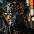 A mysterious beautiful masked kunoichi ninja wearing eyeliner and gold jewelry in the dark streets of tokyo, Highly Detailed, Intricate, Realistic, Sharp Focus, Volumetric Lighting, Fantasy, Elegant