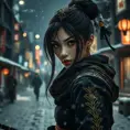 Matte portrait of a mysterious beautiful kunoichi ninja in black and gold wearing eyeliner in the streets of a dark snowy town in tokyo, fluid motion, Intricate, Half Body, Realistic, Sharp Focus, Volumetric Lighting, Elegant