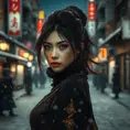 Matte portrait of a mysterious beautiful kunoichi ninja in black and gold wearing eyeliner in the streets of a dark snowy town in tokyo, fluid motion, Intricate, Half Body, Realistic, Sharp Focus, Volumetric Lighting, Elegant by Stefan Kostic