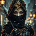 A mysterious beautiful black and gold kunoichi ninja wearing eyeliner and jewelery in the streets of a dark snowy town in moscow, fluid motion, Intricate, Half Body, Realistic, Sharp Focus, Volumetric Lighting, Elegant