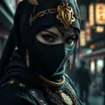 A mysterious beautiful masked kunoichi ninja wearing eyeliner and gold jewelry in the dark streets of tokyo, Highly Detailed, Intricate, Realistic, Sharp Focus, Volumetric Lighting, Fantasy, Elegant