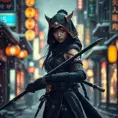 Mysterious beautiful armed kunoichi ninja wearing black and gold in the streets of dark snowy tokyo, Highly Detailed, Intricate, Half Body, Realistic, Sharp Focus, Volumetric Lighting, Fantasy, Elegant