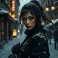 A mysterious beautiful kunoichi ninja wearing eyeliner and gold jewelry in the streets of a dark snowy town in moscow, fluid motion, Intricate, Half Body, Realistic, Sharp Focus, Volumetric Lighting, Elegant