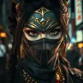 A mysterious beautiful masked kunoichi ninja wearing eyeliner and gold jewelry in the dark streets of tokyo, Highly Detailed, Intricate, Realistic, Sharp Focus, Volumetric Lighting, Fantasy, Elegant