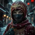 A mysterious beautiful masked kunoichi ninja wearing eyeliner and gold jewelry in the streets of a dark snowy town in moscow, fluid motion, Highly Detailed, Intricate, Realistic, Sharp Focus, Volumetric Lighting, Fantasy, Elegant