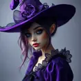 Matte portrait of a mysterious kiki the witch in purple, Intricate, Half Body, Realistic, Sharp Focus, Volumetric Lighting, Elegant