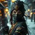 Wallpaper of a mysterious beautiful masked kunoichi ninja wearing eyeliner and gold jewelry in the streets of a dark snowy town in moscow, fluid motion, Highly Detailed, Intricate, Realistic, Sharp Focus, Volumetric Lighting, Fantasy, Elegant