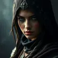 Matte portrait of the beautiful Kassandra from Assassins Creed in black, Highly Detailed, Intricate, Realistic, Sharp Focus, Volumetric Lighting, Fantasy, Elegant