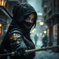 A mysterious beautiful kunoichi ninja in black and gold with eyeliner in the streets of a dark snowy town in moscow, fluid motion, Intricate, Half Body, Realistic, Sharp Focus, Volumetric Lighting, Elegant