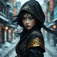 Matte portrait of a mysterious beautiful kunoichi ninja in black and gold wearing eyeliner in the streets of a dark snowy town in tokyo, fluid motion, Intricate, Half Body, Realistic, Sharp Focus, Volumetric Lighting, Elegant by Stanley Artgerm Lau