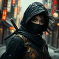 Matte portrait of a mysterious beautiful kunoichi ninja in black and gold wearing eyeliner in the streets of a dark snowy town in tokyo, fluid motion, Intricate, Half Body, Realistic, Sharp Focus, Volumetric Lighting, Elegant by Stanley Artgerm Lau