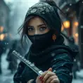 A mysterious beautiful kunoichi ninja wearing eyeliner and gold jewelry in the streets of a dark snowy town in moscow, fluid motion, Intricate, Half Body, Realistic, Sharp Focus, Volumetric Lighting, Elegant