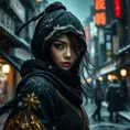 Matte portrait of a mysterious beautiful kunoichi ninja in black and gold wearing eyeliner in the streets of a dark snowy town in tokyo, fluid motion, Intricate, Half Body, Realistic, Sharp Focus, Volumetric Lighting, Elegant by Stefan Kostic