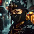 A mysterious beautiful masked kunoichi ninja wearing eyeliner and gold jewelry in the streets of a dark snowy town in moscow, fluid motion, Highly Detailed, Intricate, Realistic, Sharp Focus, Volumetric Lighting, Fantasy, Elegant