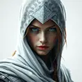 Matte portrait of the beautiful Kassandra from Assassins Creed in white, Highly Detailed, Intricate, Realistic, Sharp Focus, Volumetric Lighting, Fantasy, Elegant