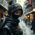 A mysterious beautiful black and gold kunoichi ninja wearing eyeliner and jewelery in the streets of a dark snowy town in tokyo, fluid motion, Intricate, Half Body, Realistic, Sharp Focus, Volumetric Lighting, Elegant