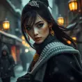 A mysterious beautiful kunoichi ninja wearing eyeliner and gold jewelry in the streets of a dark snowy town in moscow, fluid motion, Intricate, Half Body, Realistic, Sharp Focus, Volumetric Lighting, Elegant